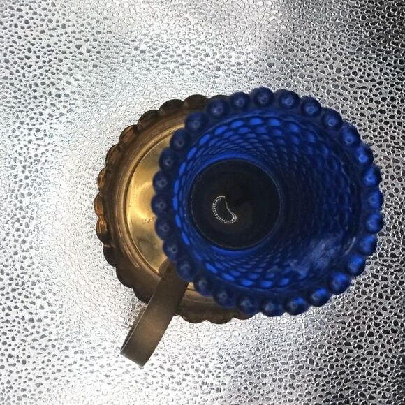 Pair of Vintage Brass Candlestick Holders & Blue Hobnail Glass Hurricane Shades - Picture 11 of 12